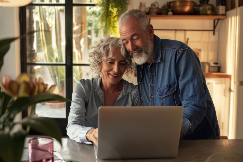 An older couple, smiling and embracing, sit together at a kitchen table whilst looking at a laptop. Sunlight streams through a window behind them as they read about new interests in their warmly decorated kitchen filled with plants and wooden shelves. An older couple, smiling and embracing, sit together at a kitchen table whilst looking at a laptop. Sunlight streams through a window behind them as they read about new interests in their warmly decorated kitchen filled with plants and wooden shelves.