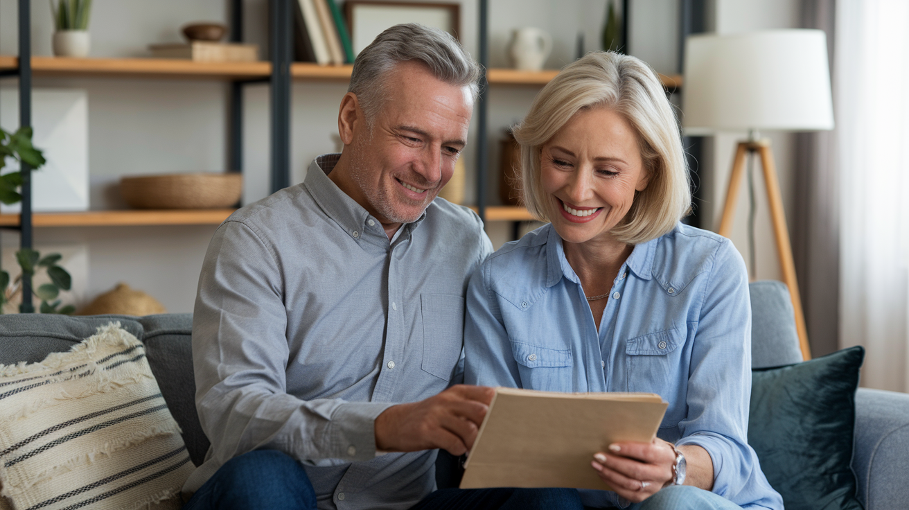 A smiling older couple sits on a sofa at home, reviewing their retirement savings together. Shelves with books and decor are visible in the background, creating a warm and relaxed atmosphere.