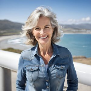 A smiling older woman with grey hair wearing a denim shirt stands outdoors by a railing, enjoying her retirement savings with the sea, sandy beach, and mountains in the background on a sunny day. A smiling older woman with grey hair wearing a denim shirt stands outdoors by a railing, enjoying her retirement savings with the sea, sandy beach, and mountains in the background on a sunny day.