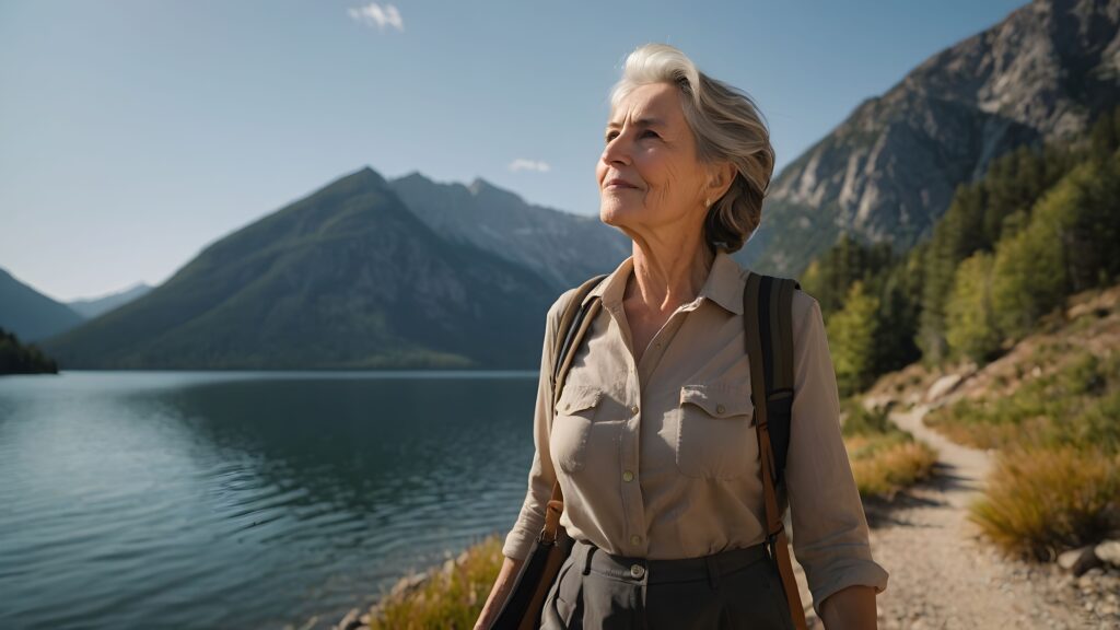 An older woman with grey hair hikes solo beside a mountain lake, embracing Solo Empowerment after 55. She wears a beige shirt and rucksack, looking content amid pine trees, water, and towering mountains beneath a clear blue sky. An older woman with grey hair hikes solo beside a mountain lake, embracing Solo Empowerment after 55. She wears a beige shirt and rucksack, looking content amid pine trees, water, and towering mountains beneath a clear blue sky.