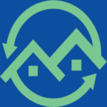 A green outline of two house rooftops with square windows, surrounded by a circular arrow, on a blue background. Perfect for android or chrome use; optimised at 512x512 resolution.