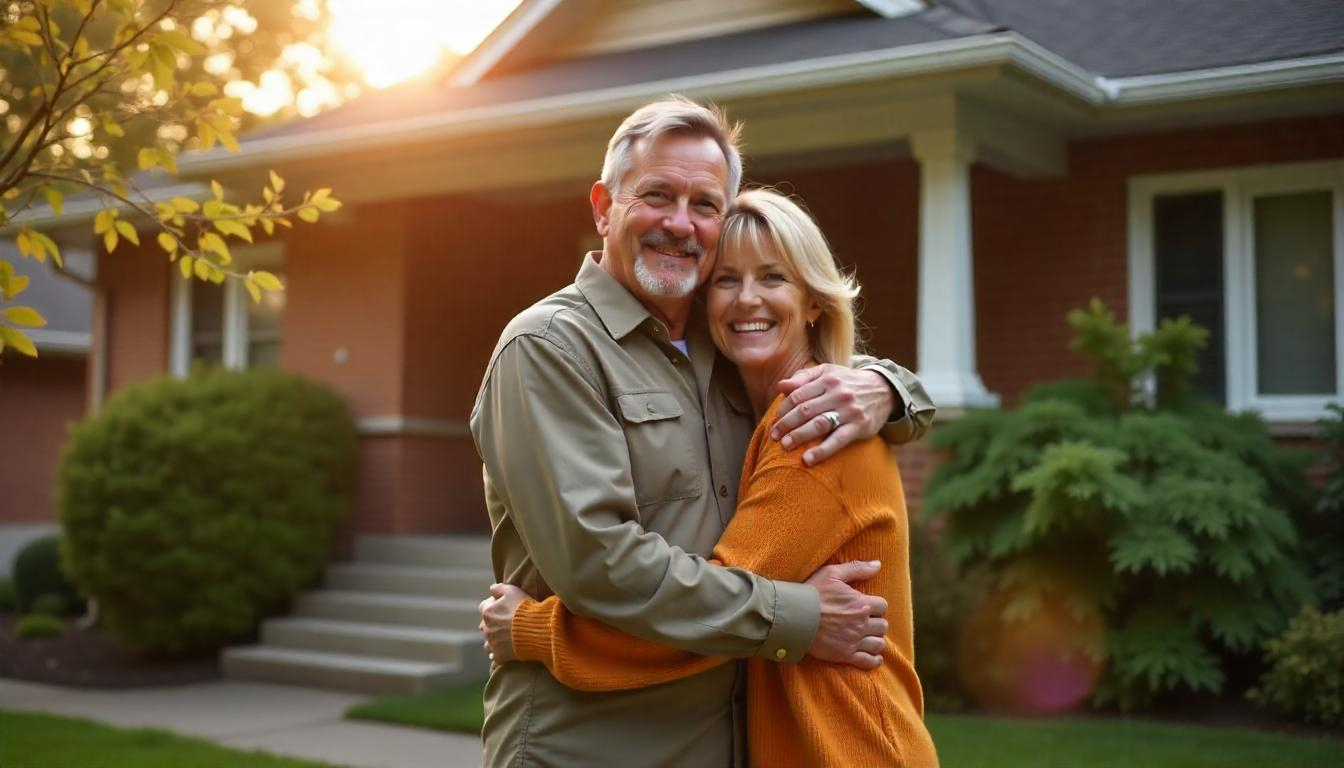 A smiling older couple embraces outside a brick house, surrounded by greenery and bathed in warm sunlight&mdash;enjoying the benefits of equity release mortgages in their retirement.