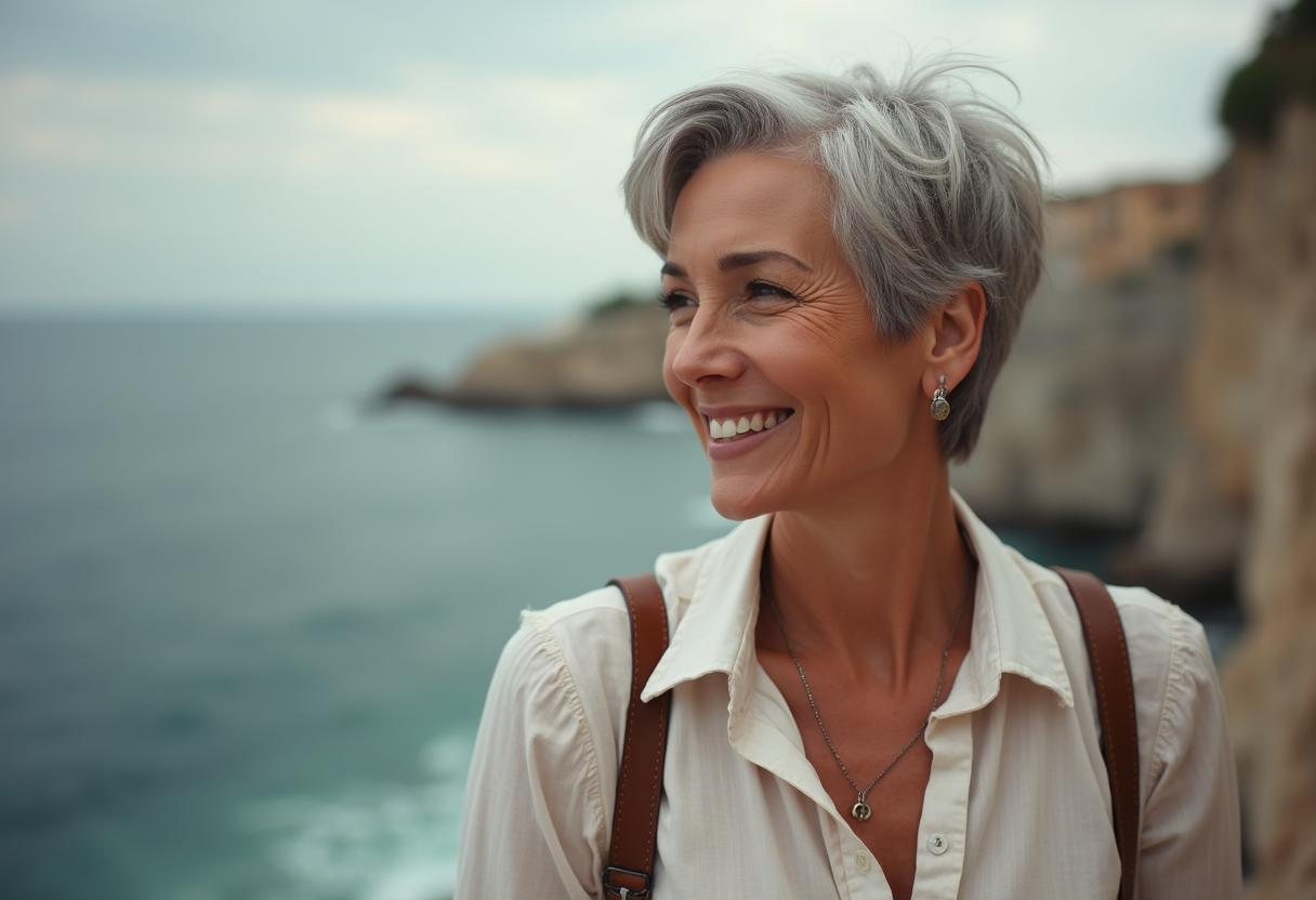 A smiling Silver Digital Nomad with short grey hair wearing a cream-coloured shirt and necklace stands outdoors near a rocky coastline, with the sea and cliffs in the background. A smiling Silver Digital Nomad with short grey hair wearing a cream-coloured shirt and necklace stands outdoors near a rocky coastline, with the sea and cliffs in the background.