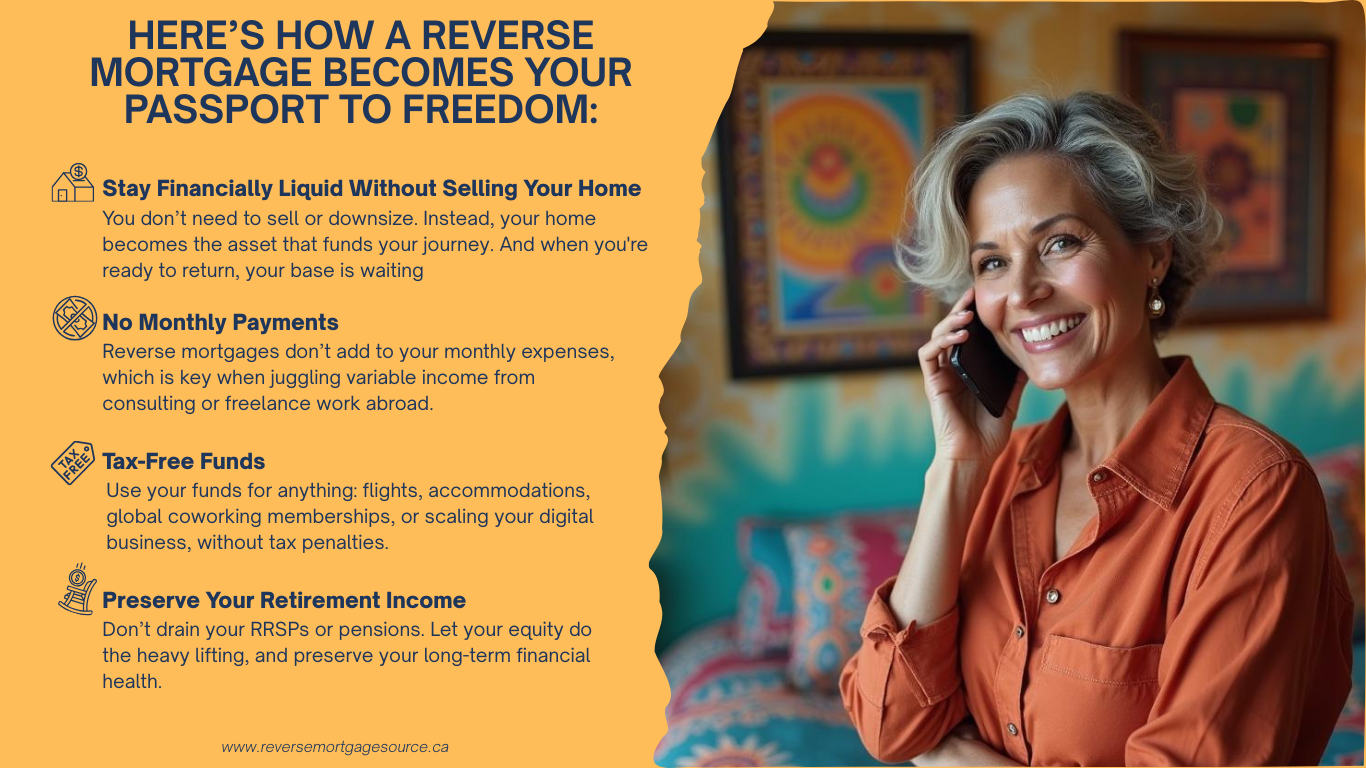 Smiling older woman with short grey hair talks on the phone. Next to her, text explains how a lifetime mortgage offers Silver Digital Nomads financial liquidity, tax-free funds, no monthly repayments, and retirement income preservation. Smiling older woman with short grey hair talks on the phone. Next to her, text explains how a lifetime mortgage offers Silver Digital Nomads financial liquidity, tax-free funds, no monthly repayments, and retirement income preservation.