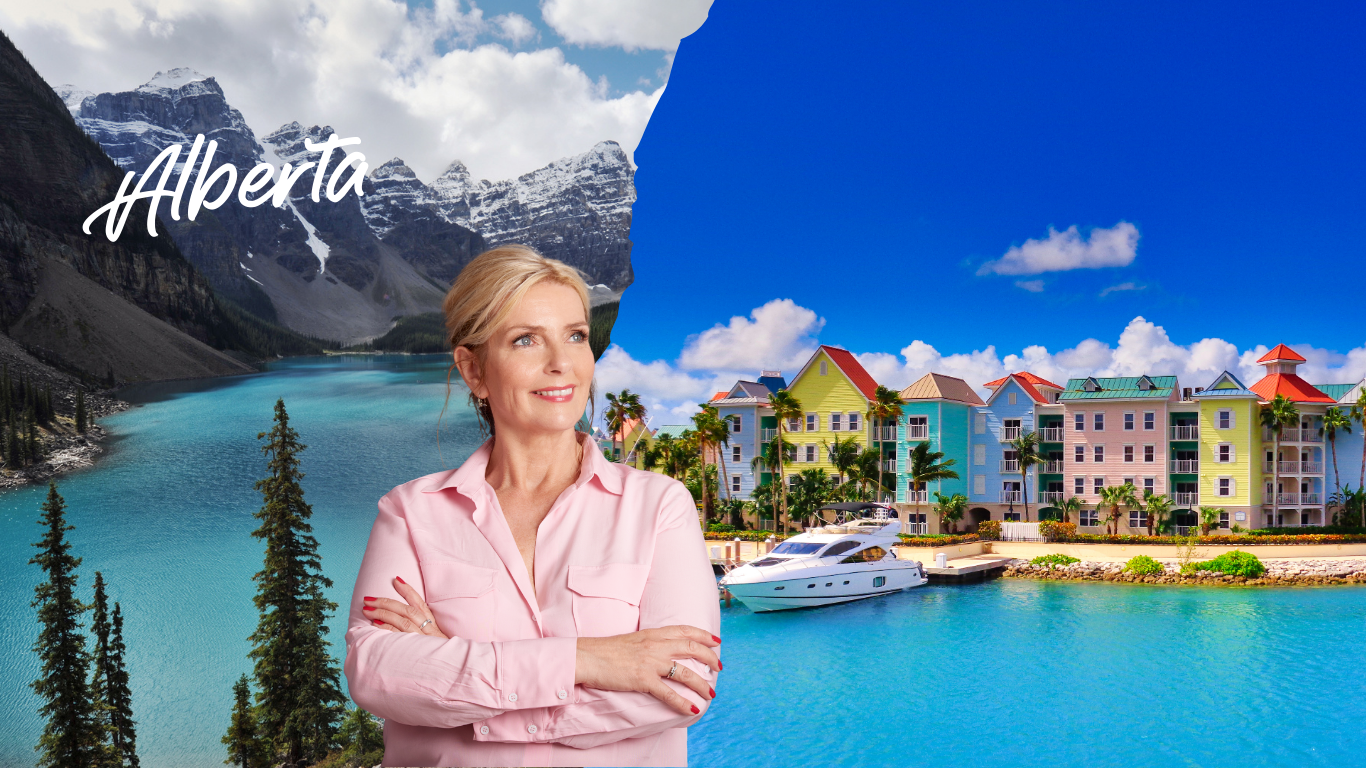 A smiling woman stands with folded arms in front of a split background: Alberta&rsquo;s snowy mountains and forests on the left, and colourful waterfront buildings and a yacht on the right&mdash;highlighting Alberta's vibrant lifestyle, ideal for those considering an equity release mortgage.
