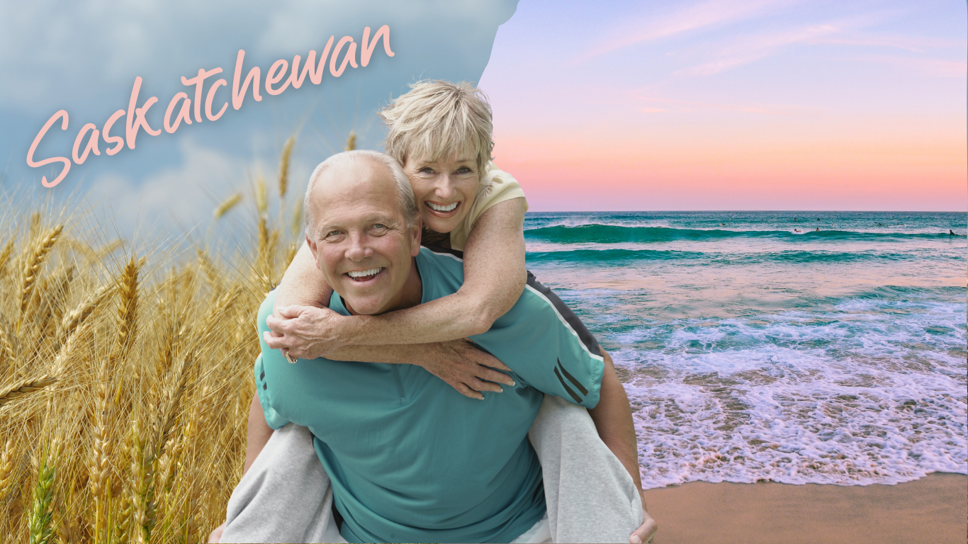 A smiling older couple poses with the woman on the man's back. Behind them, Saskatchewan’s iconic wheat fields blend into an ocean shoreline at sunset. The word Saskatchewan appears in script across the sky. A smiling older couple poses with the woman on the man's back. Behind them, Saskatchewan’s iconic wheat fields blend into an ocean shoreline at sunset. The word Saskatchewan appears in script across the sky.