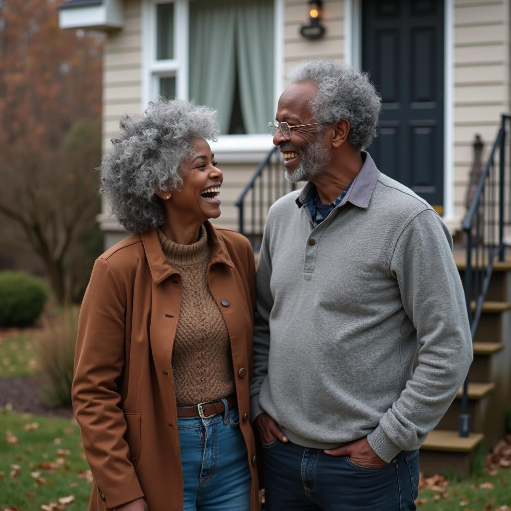 An older couple with grey hair stand smiling at each other in front of a house in Saskatchewan, dressed warmly in casual clothes, with autumn trees and a lawn in the background.
