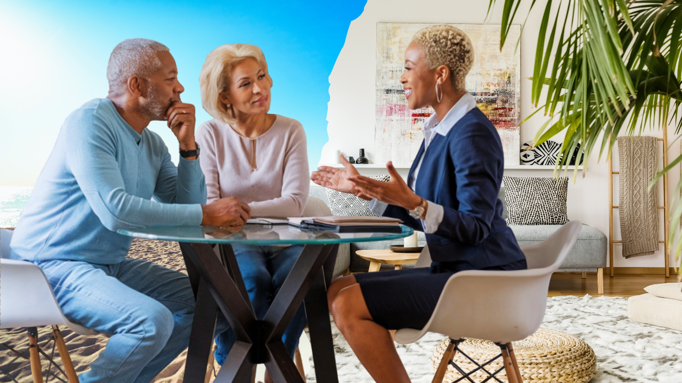A couple sit at a glass table with a professional woman, discussing documents. The background blends a beach scene with a modern living room, suggesting they are exploring mortgage literacy as part of their lifestyle or financial planning.