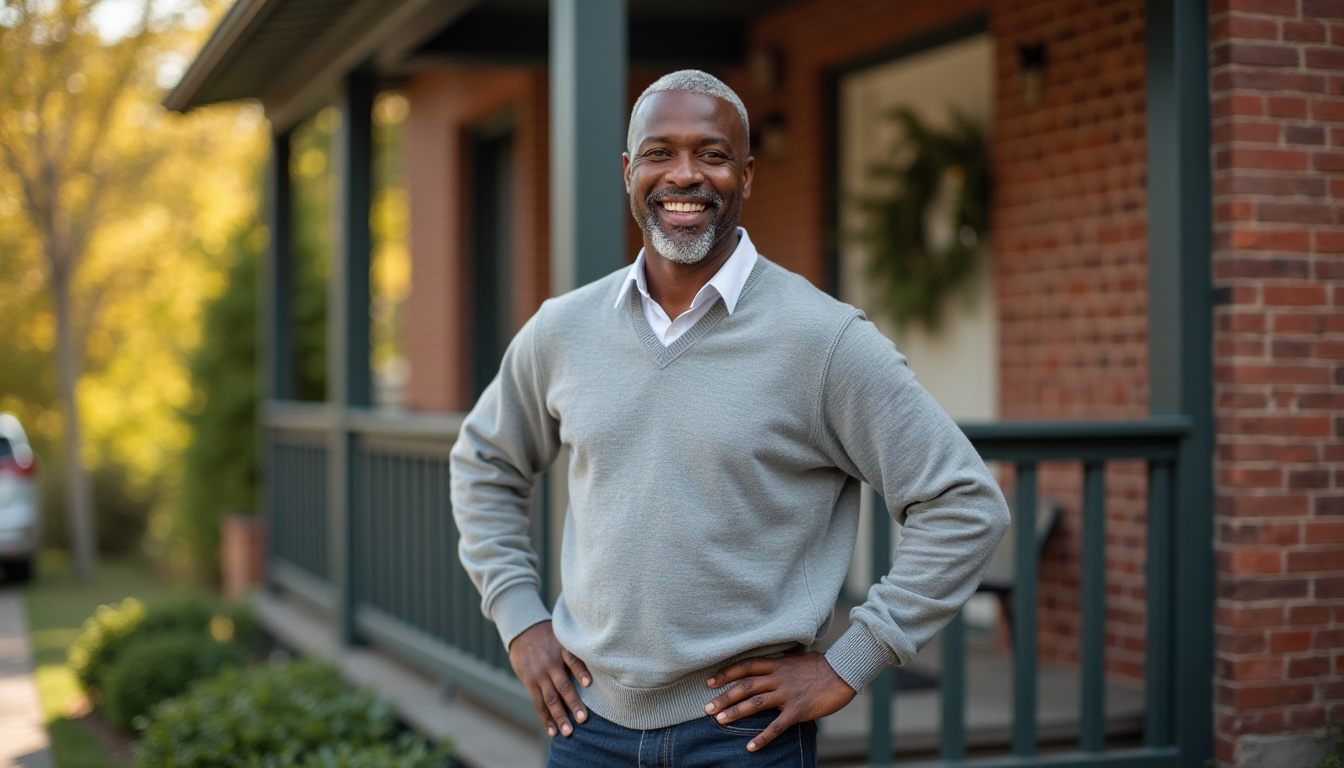 A man with short grey hair and a beard, wearing a light grey jumper and white shirt, stands smiling with hands on hips in front of his brick house&mdash;a proud homeowner after securing a second mortgage.
