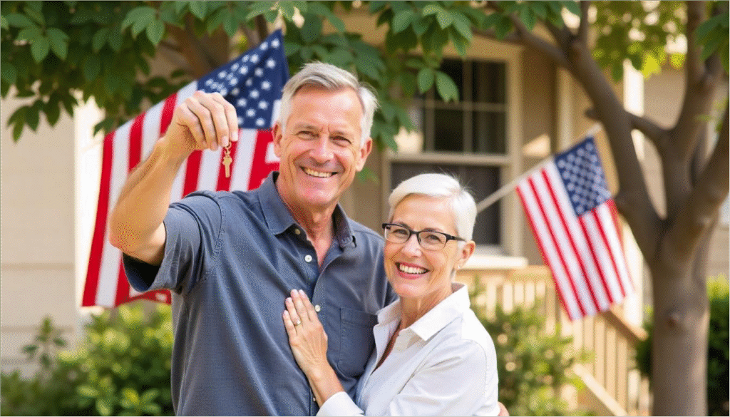A smiling older couple stands outside a house, holding keys, with two American flags displayed in the background&mdash;a proud moment made possible with USA Mortgages.