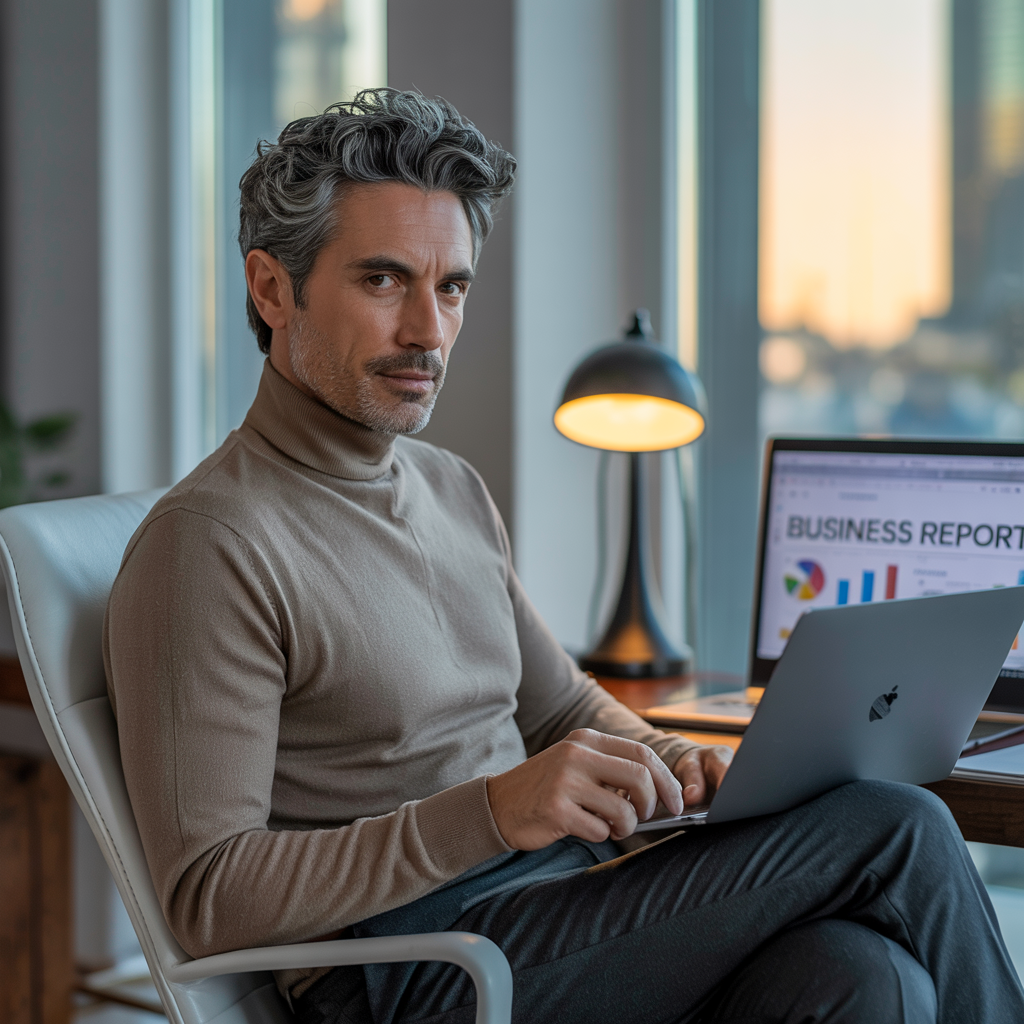 A man with grey hair in a beige polo neck sits at a desk using a laptop. Behind him, a screen displays charts from a Quebec equity release business report. A lamp and large windows are in the background.