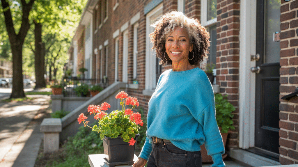 A smiling woman with curly hair and a blue jumper stands beside a potted plant with red flowers on a sunny pavement in front of brick terraced houses, relieved after recently securing paused payments on her mortgage. A smiling woman with curly hair and a blue jumper stands beside a potted plant with red flowers on a sunny pavement in front of brick terraced houses, relieved after recently securing paused payments on her mortgage.
