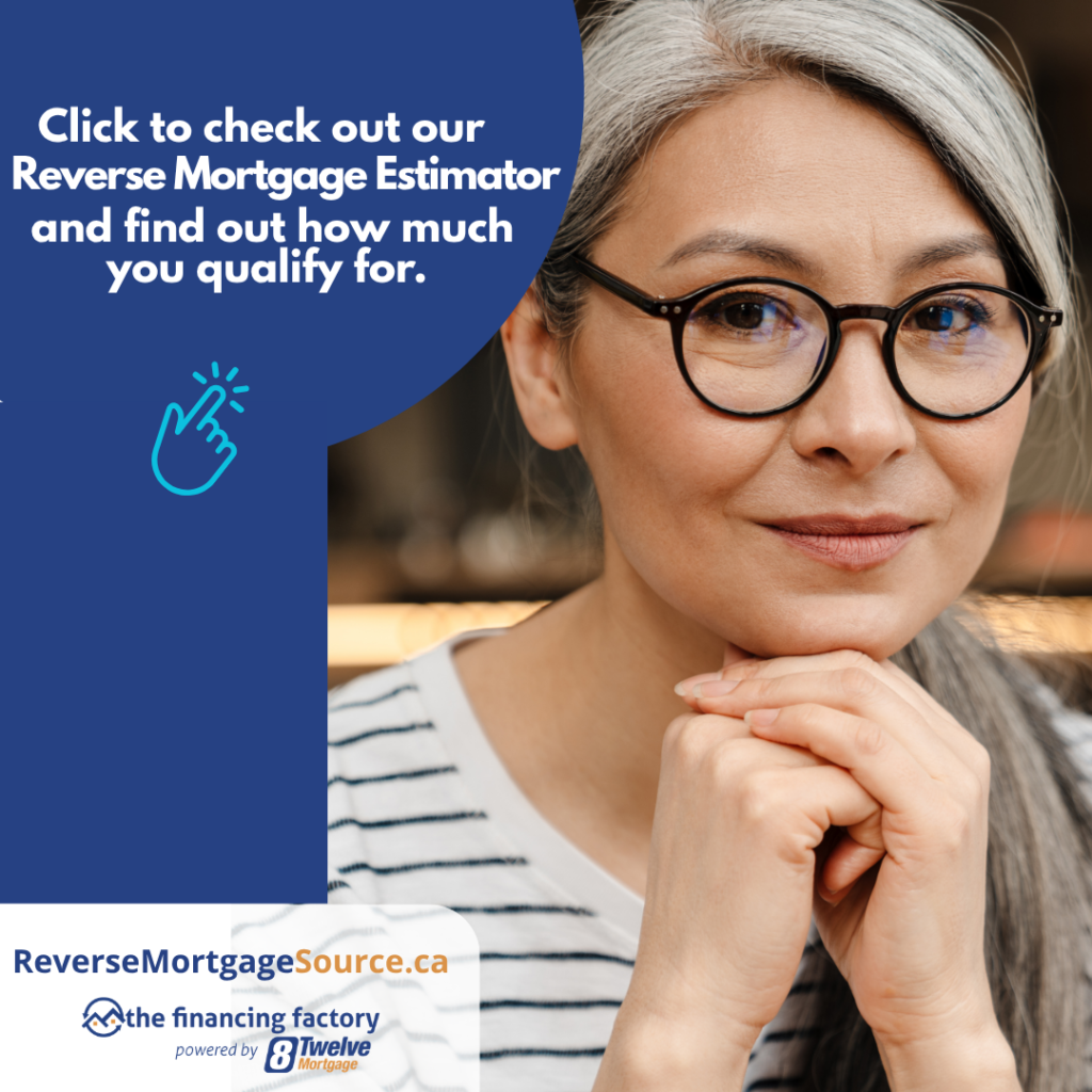 A woman with long grey hair and glasses rests her chin on her hand, looking thoughtful. Text on image promotes a Reverse Mortgage Estimator and encourages users to check how much they qualify for. Logos are visible at the bottom.