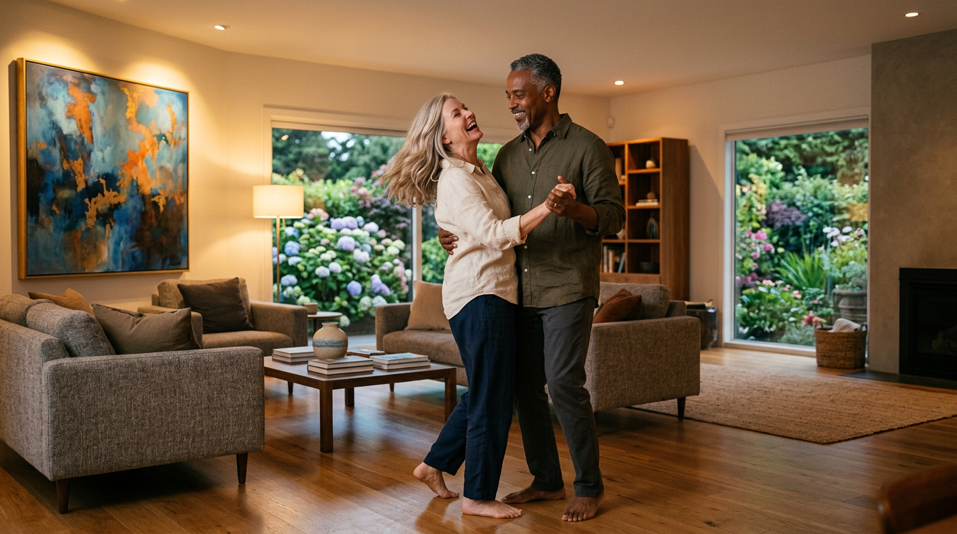 An older couple dances barefoot in a bright, modern living room with large windows overlooking a lush garden—perhaps discussing equity release eligibility requirements as they enjoy their cosy, contemporary space.